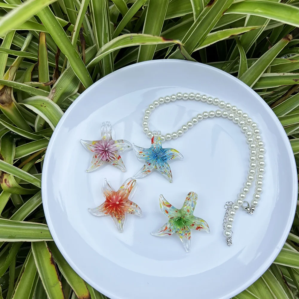 4pcs Fashion Starfish Flower Imitation Pearl Necklace Glass Pendant Seaside Vacation Unique Clothes Matching Jewelry
