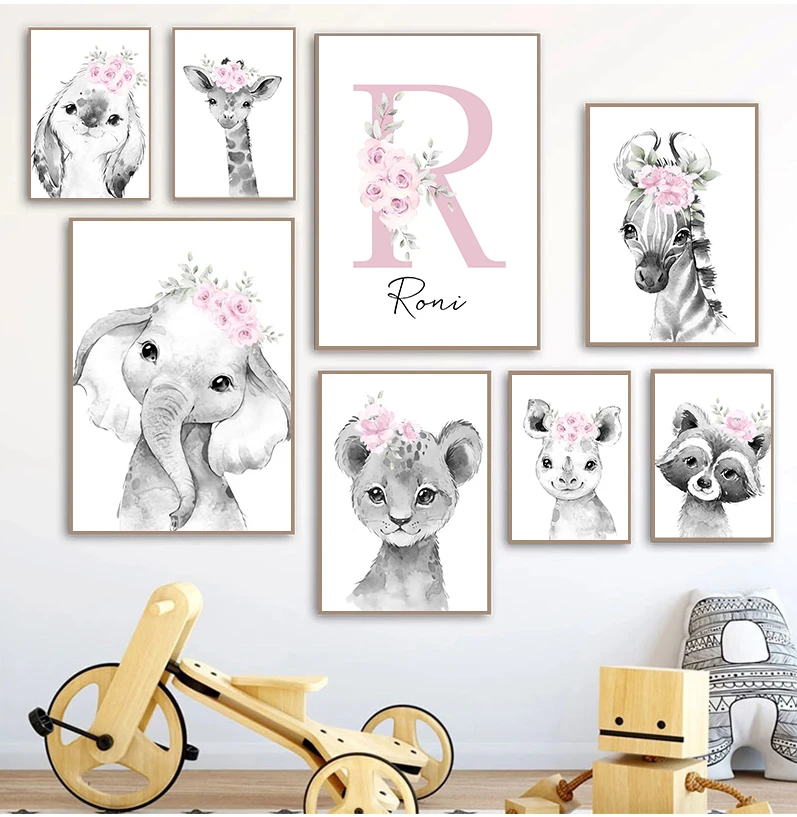 Custom Baby Name Nursery Poster Personalized Canvas Painting Print Pink Flower Animals Wall Art for Girls Bedroom Pictures Decor