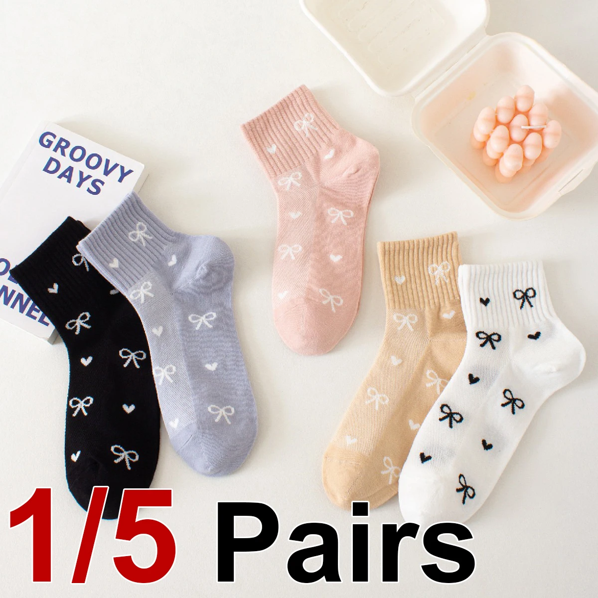 1/5 Pairs Butterfly Print Women Mid Tube Socks Fashionable Sweet Heart-Shaped Pattern Soft Comfortable All Season Casual Socks