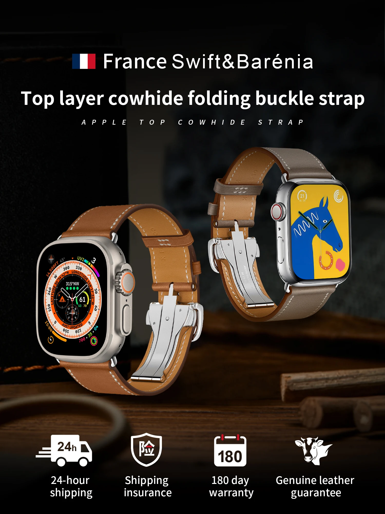 

Высококачественный кожаный ремешок Jincor Swift Barenia с пряжкой для Apple Watch Ultra 1 2 Iwatch 9 8 7 6 5, модный ремешок