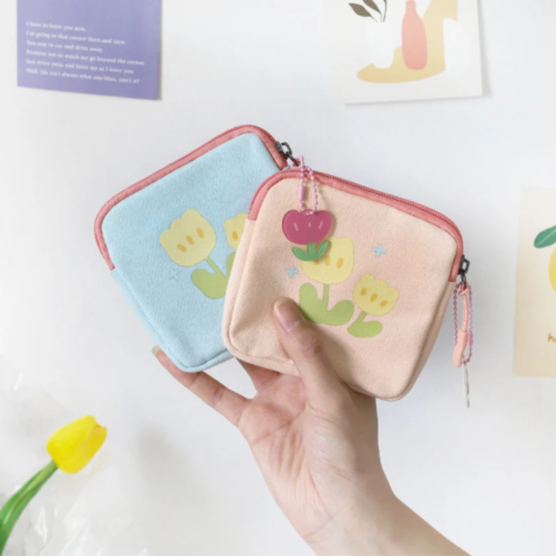 Korean Square Coin Bags Cute Tulips Flower Money Pouch Ins Students Bus ID Credit Card Holder Small Canvas Lipstick Makeup Bags