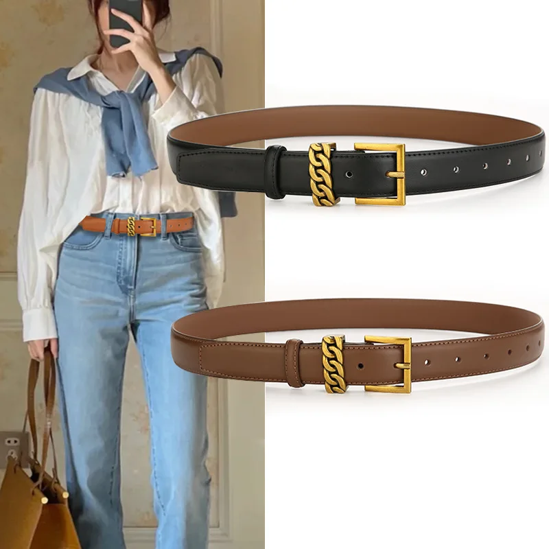 Cowhide belt women retro port style decorative belt alloy Fried Dough Twists button suit sweater waist belt