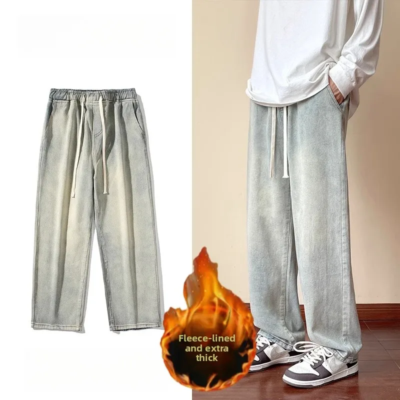 

Thiened Fce Джинсы Мужские Молодежные Эластичные Талии Свободные Теплые Повседневные Прямые Длинные Брюки Японский Ретро Sle Water Waed