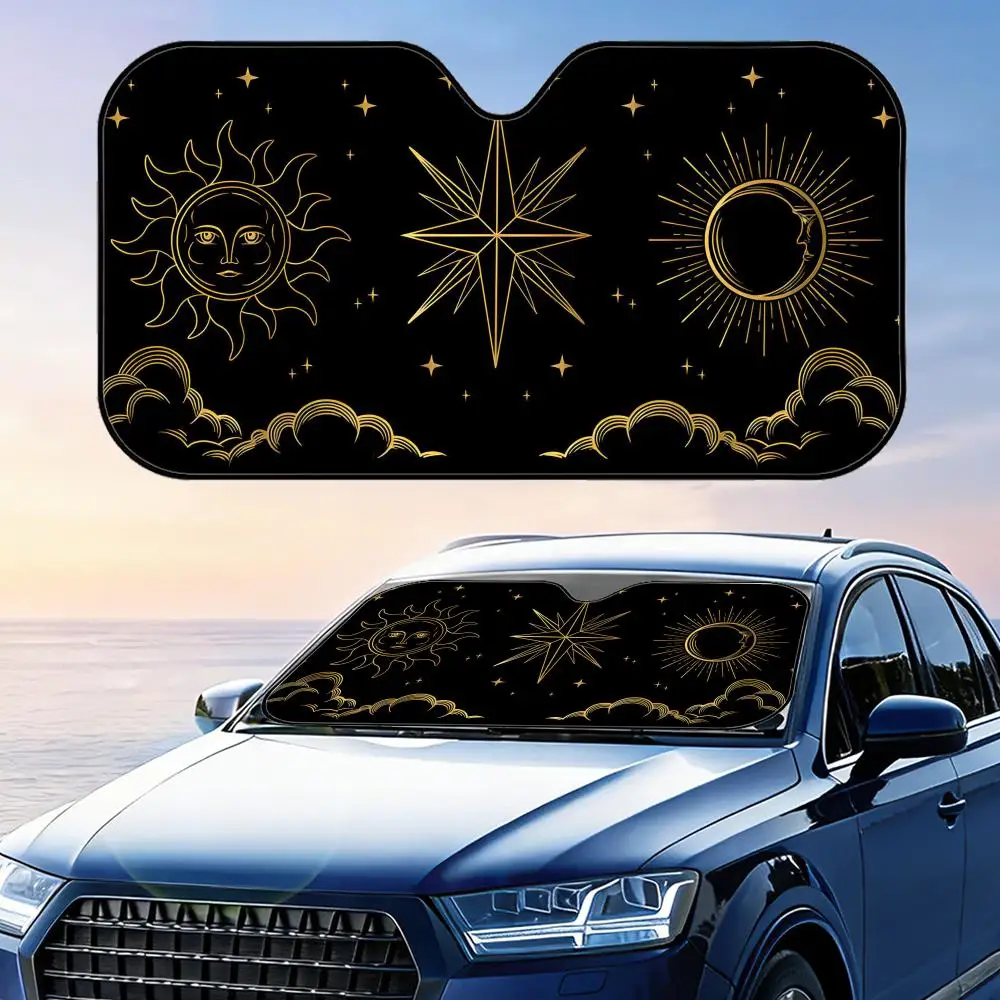 Boho Sun and Crescent Moon Sun Visor Reusable Aluminum Foil Windshield UV Protection Heat Insulation Cover Sun Visor Shade