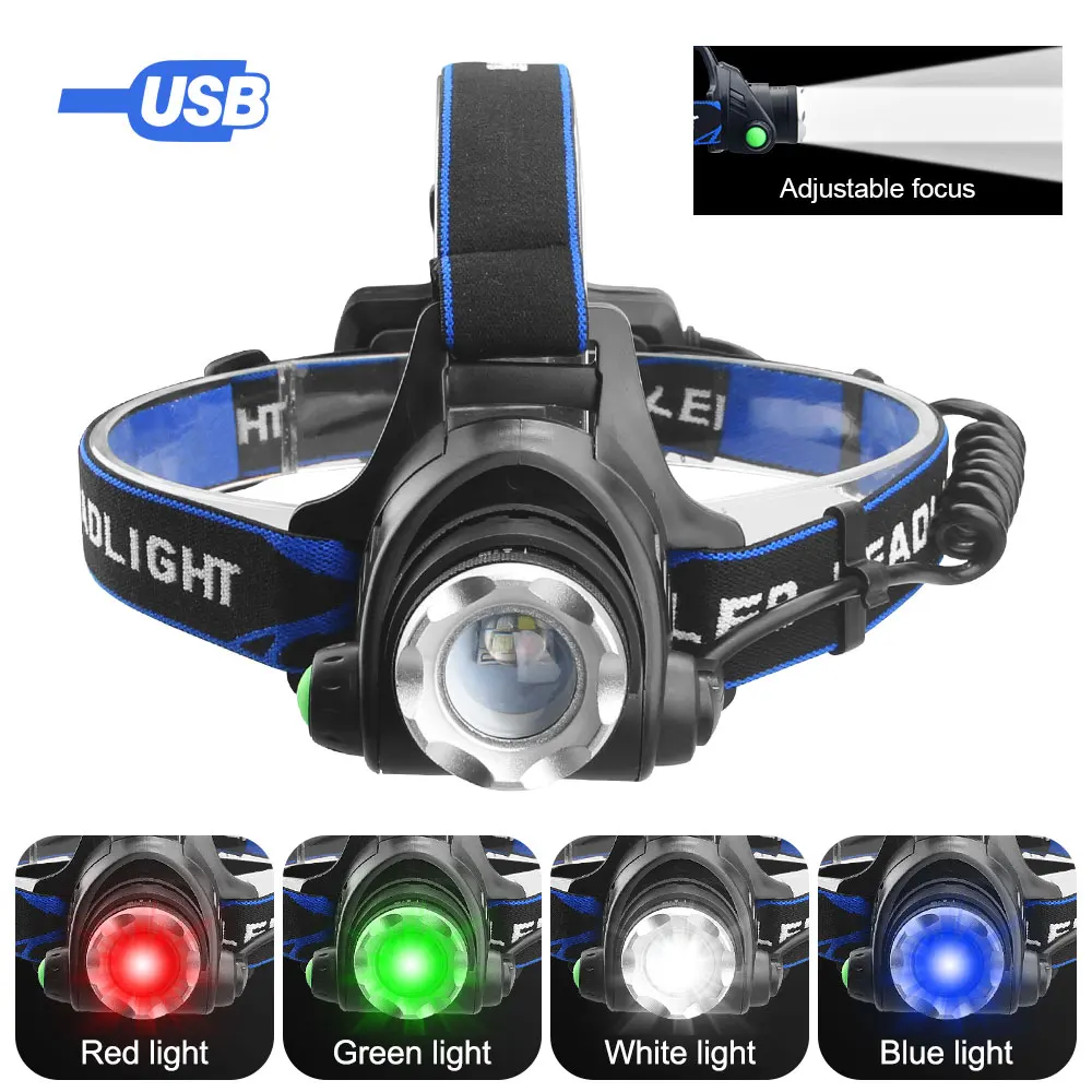 4in1 LED Headlamp Hunting Zoomable Red/green/blue/white Headlight Fishing Head Torch Head Lamp adjustable For Hunting Flashlight