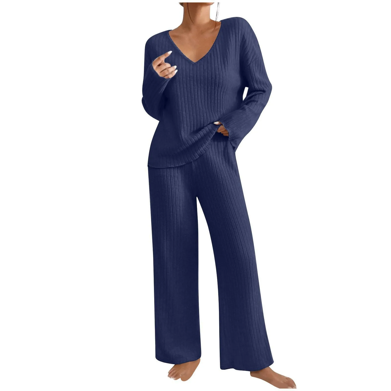 Damen Geripptes Strick-Zweiteiler-Set V-Ausschnitt Langarm-Oberteil Weite Hose Herbst Locker Lässige Loungewear Eleganter Hausanzug – Detail 17