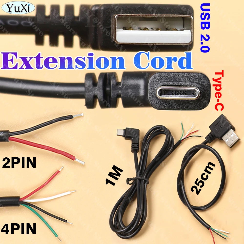 

1-20pcs USB 2.0 Type-C Male Elbow Head Cable Plug DIY Power Supply Data Charging Cord 2Pn 4Pin USB-C Extension Cord 1M 0.25M