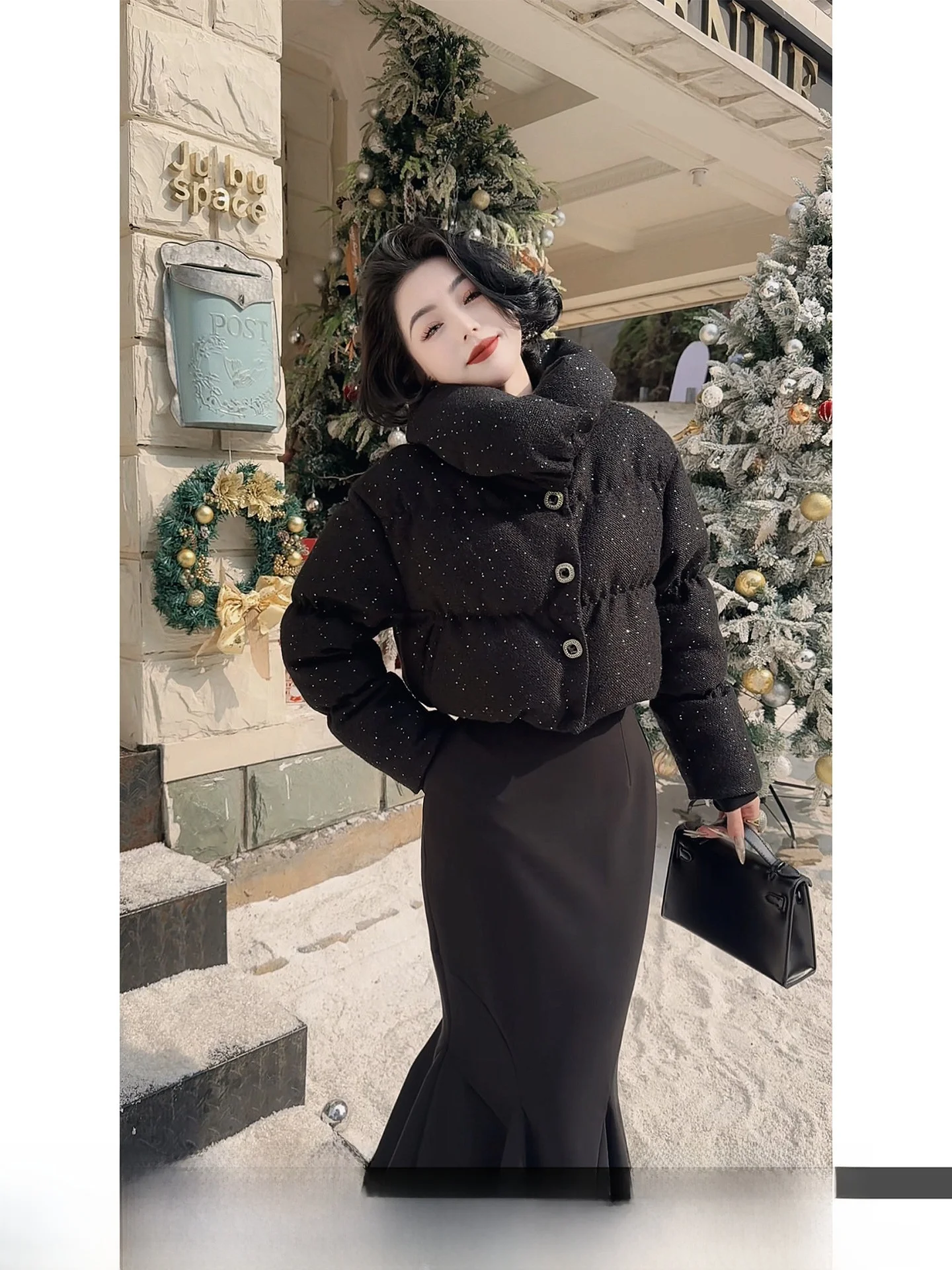 

Nordic Winter ort Women's Puffer Jaet Thi Warm White Du down Coat Casual Sle High Waist Long Sve High Ne Butto...