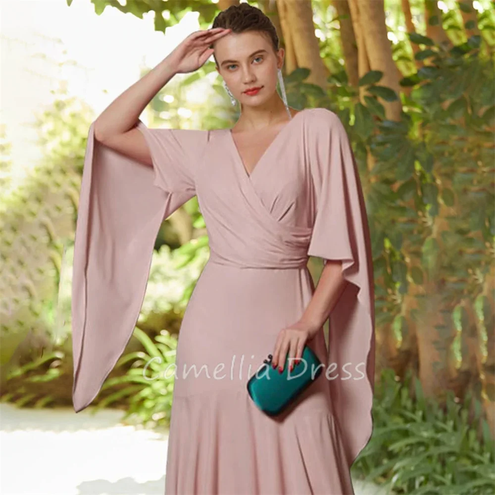 Elegant V Neck Mother Of The Bride Dress A-Line Chiffon Long Sleeve with Pleats Formal Dresses Vestidos Mae Da Noiva Casamentos