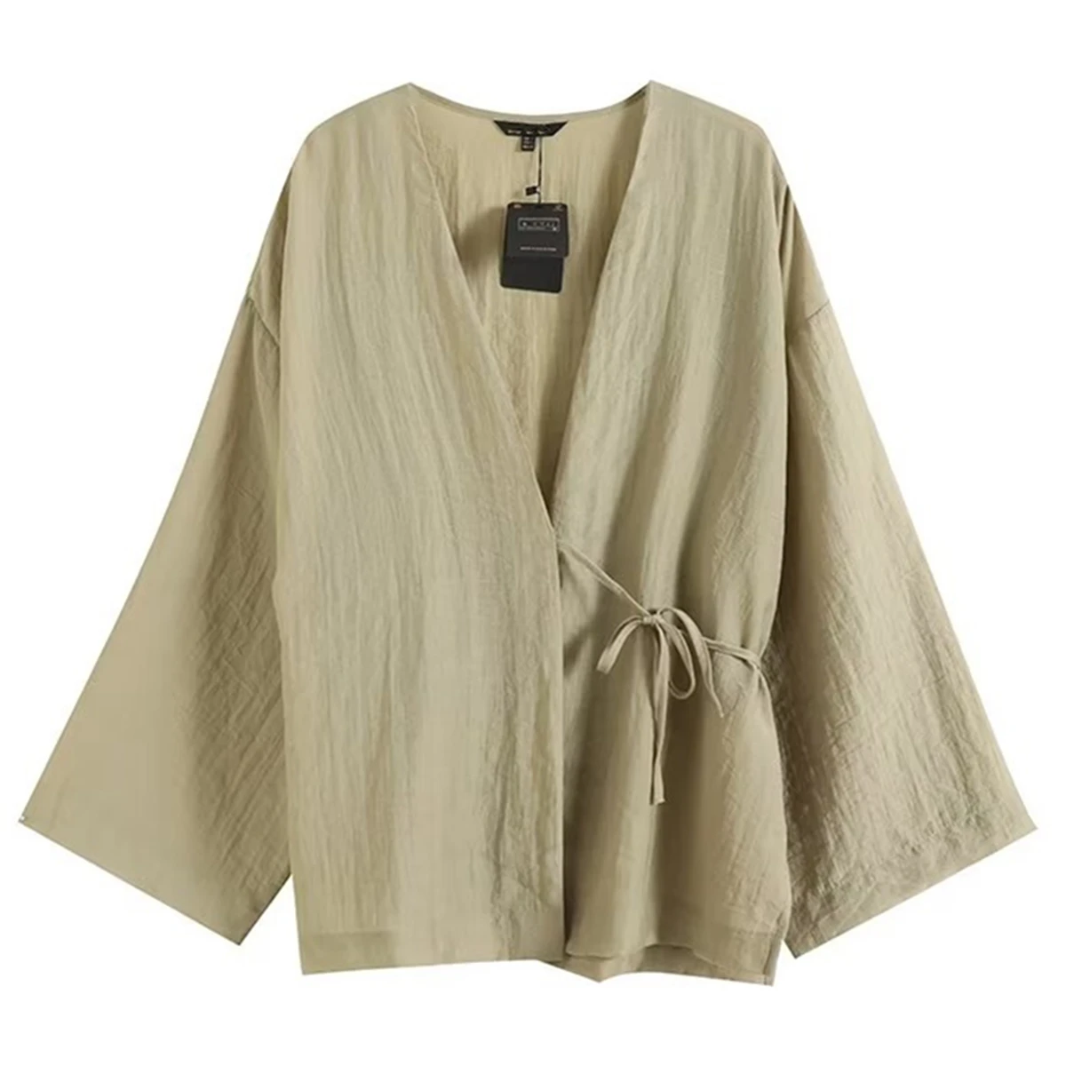 Withered French Minimalist Light Jacket Women Green Elegant Wrap Around Shirt Tops Vintage Kimono Blouse