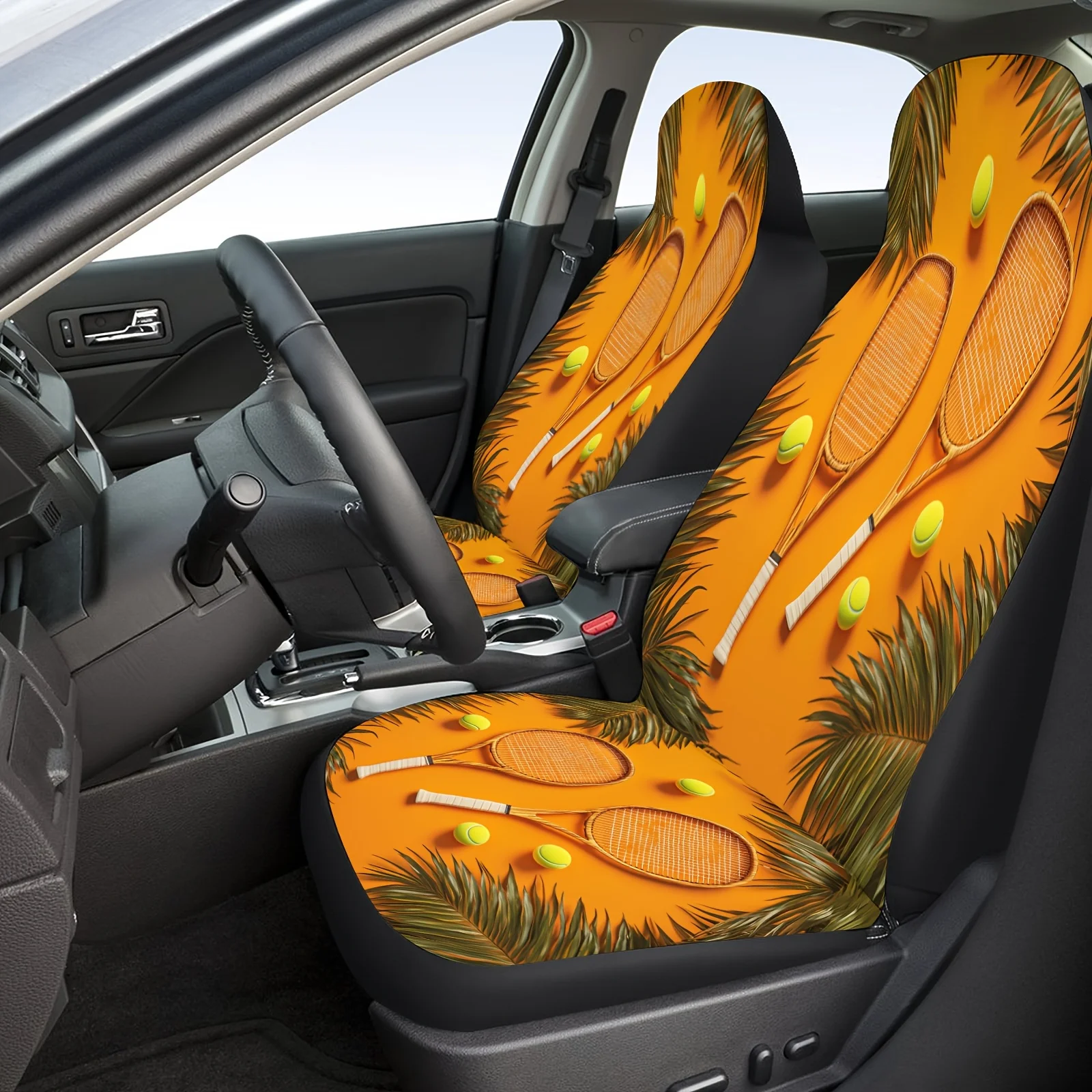 Tennis Rackets Balls Palms 2D Flat Pattern Car Seat Cover Set For Most Cars Trucks, Fashionable Breathable Car Seat Protector Co