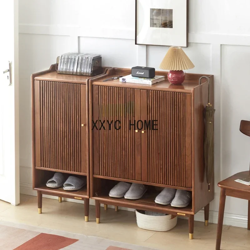 

yj Solid Wood Shoe Cabinet Modern Minimalist Living Room Storage Cabinet Nordic Black Walnut Wooden Door Hall Cabinet