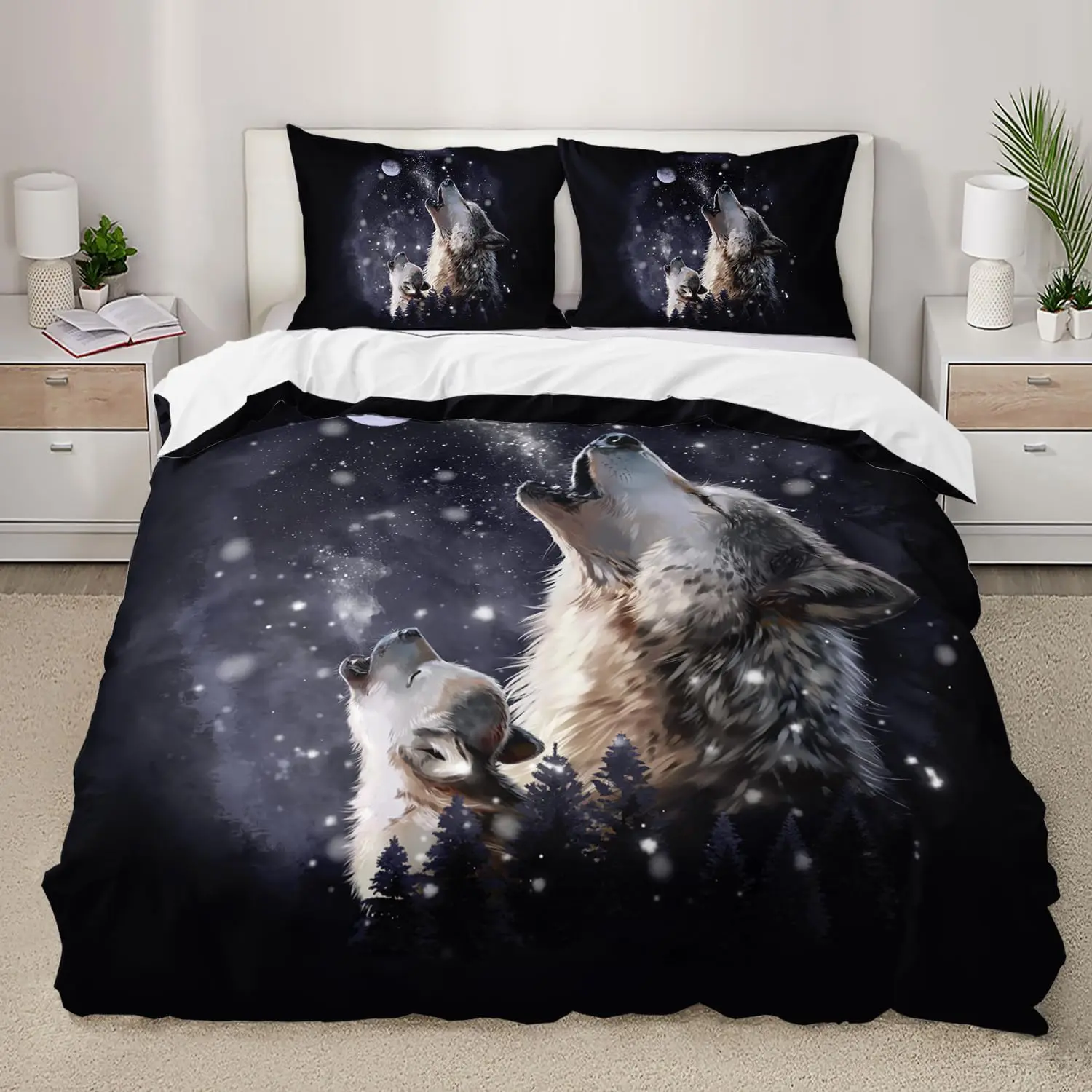 Snow Wolf Duvet Cover Set Full Queen Night Galaxy Starry Wolf Comforter Cover Wild Animals Wolf Themed Bedding Set 2/3 Pieces - view 3