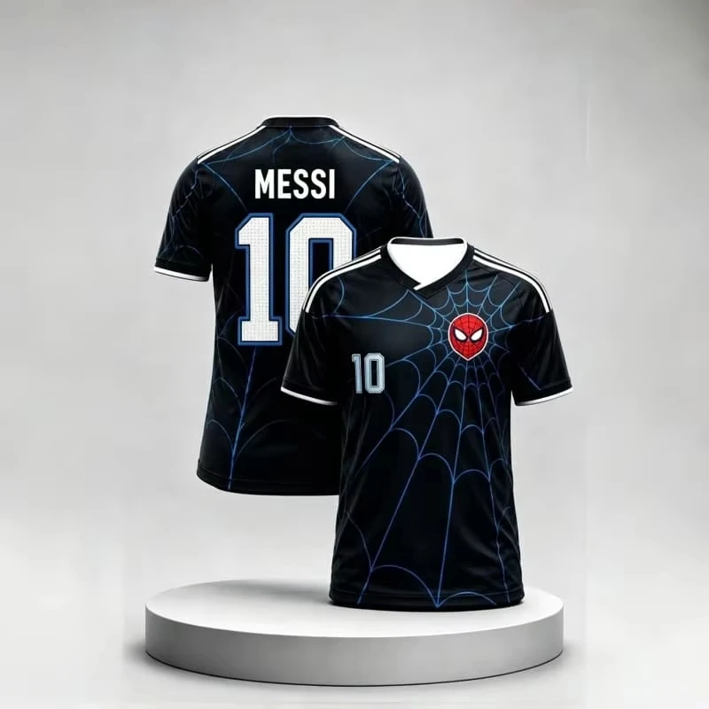 Family Matching Replica Soccer Jersey, Black Blue Web‑Pattern Number 10 Print Short‑Sleeve Mesh Sport Top For Adult Kids