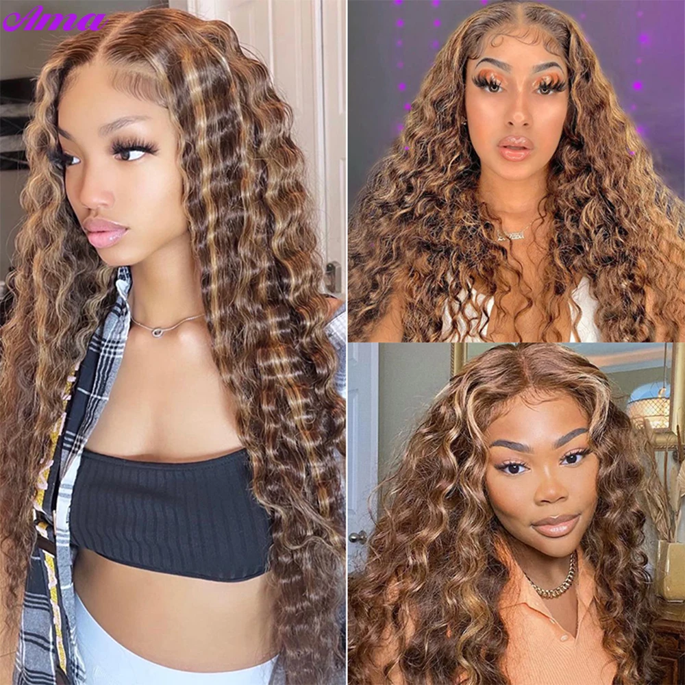 Glueless Highlight Wig Human Hair Loose Deep Wave Lace Frontal Wig 13x6 Brown Colored Lace Front Human Hair Wigs 250 Density