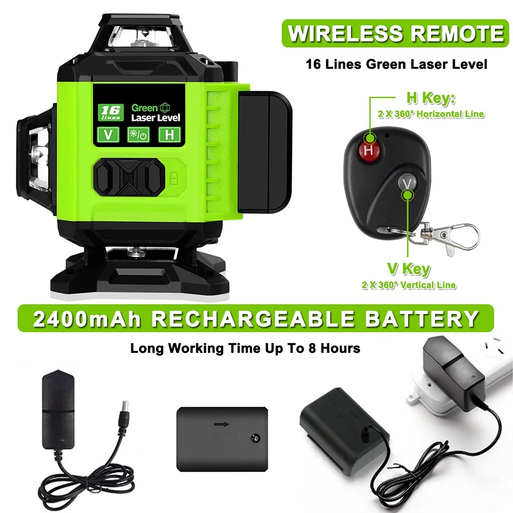 12 /16 Lines Laser Level 3D/4D 3° Cross Line Laser Leveler Multifunction & Remote Control Green Beam Lines with Li-ion Battery