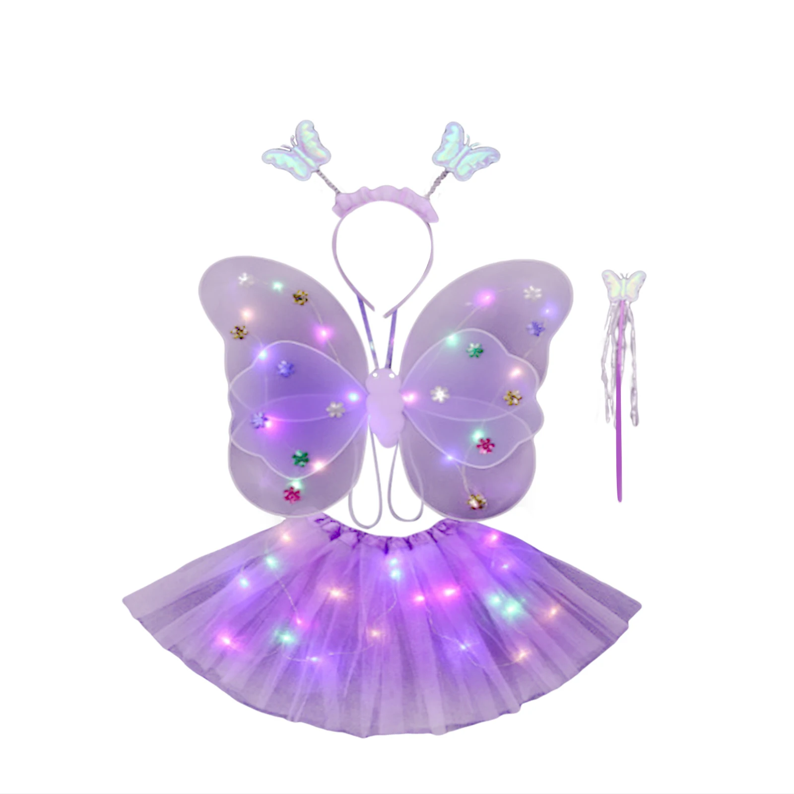 Glow Party Supplies Girl's Fairy Costume Set Glowing Butterfly Wings Tutu Skirt Headband & Wand Role Play Outfits