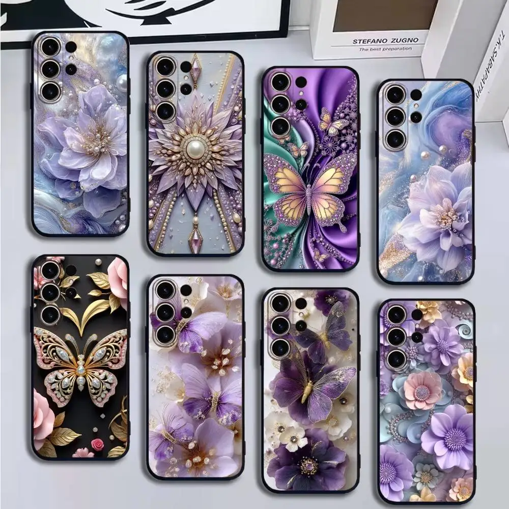 

Luxurious butterfly and floral print Phone Case For SamsungS25,24,21,22,23,30,Ultra,20,Plus,Fe,Lite,Note,10,9,Soft Black Cover