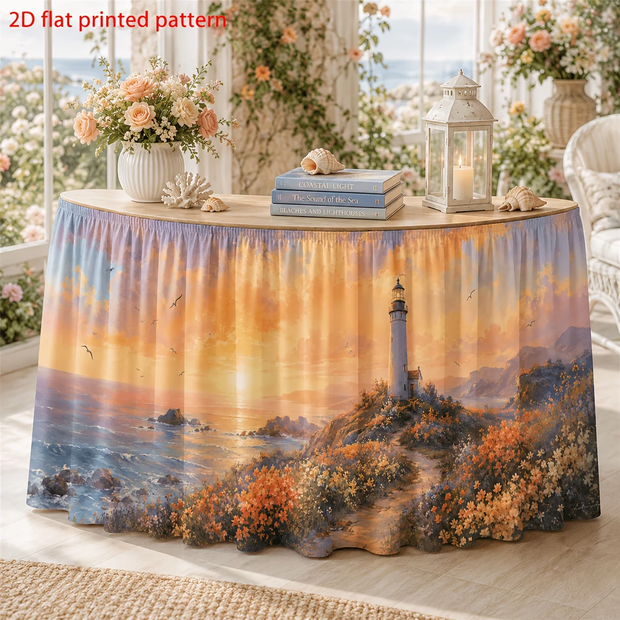 1 polyester table skirt, coastal lighthouse sunset print