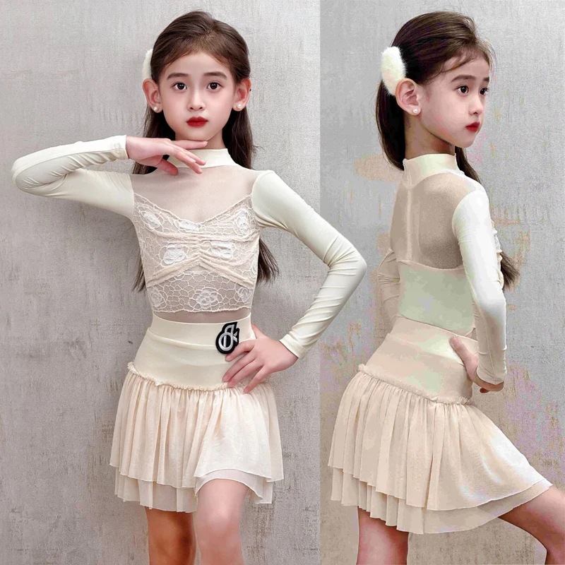 

Платье для латинских танцев с длинными рукавами для девочек, модное платье для соревнований по латинским танцам, детский костюм для выступлений в латинских танцах сальсы