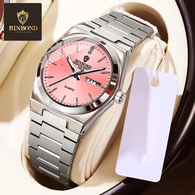 BINBOND Business Women Square Watch Ultra Thin Steel Belt Double Calendar Waterproof Female Personalized Trendy Quartz Watches