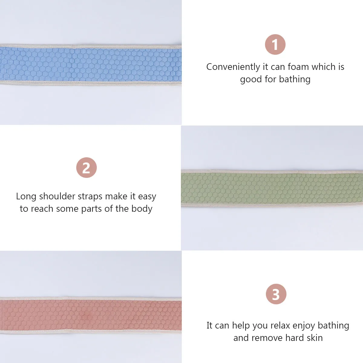 3Pcs Bath Shower Scrubber Double-Side Thickened Scrubber Long Strap Exfoliating Bath Supply Easy Ring-Pull Design