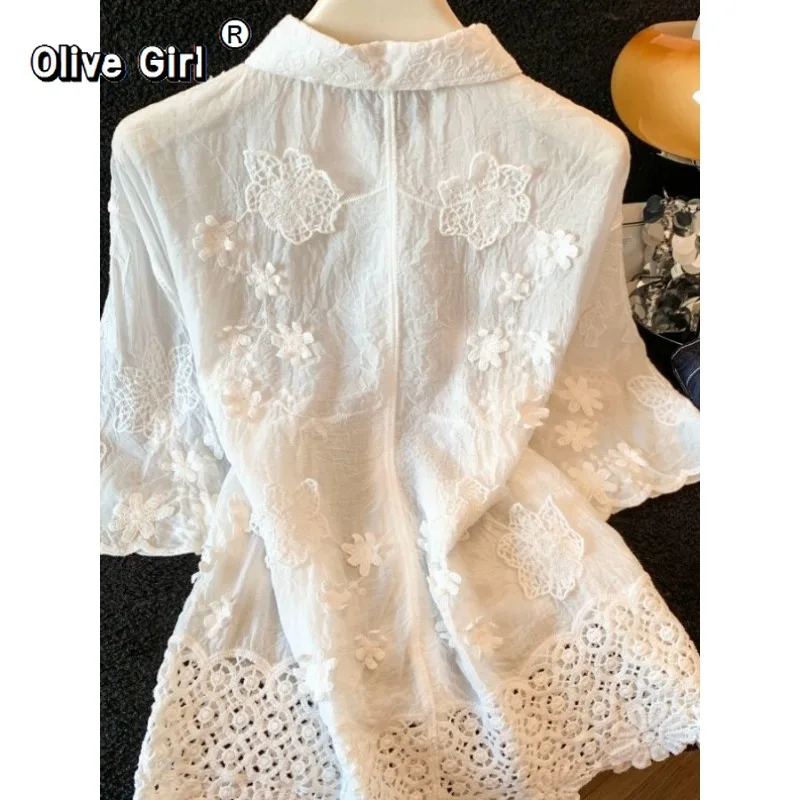 Olivegirl Embroidered Polo Collar Short Sleeve Shirt Summer Korean Style Loose Women's Top 2026 High-End Lace-Up Blouse