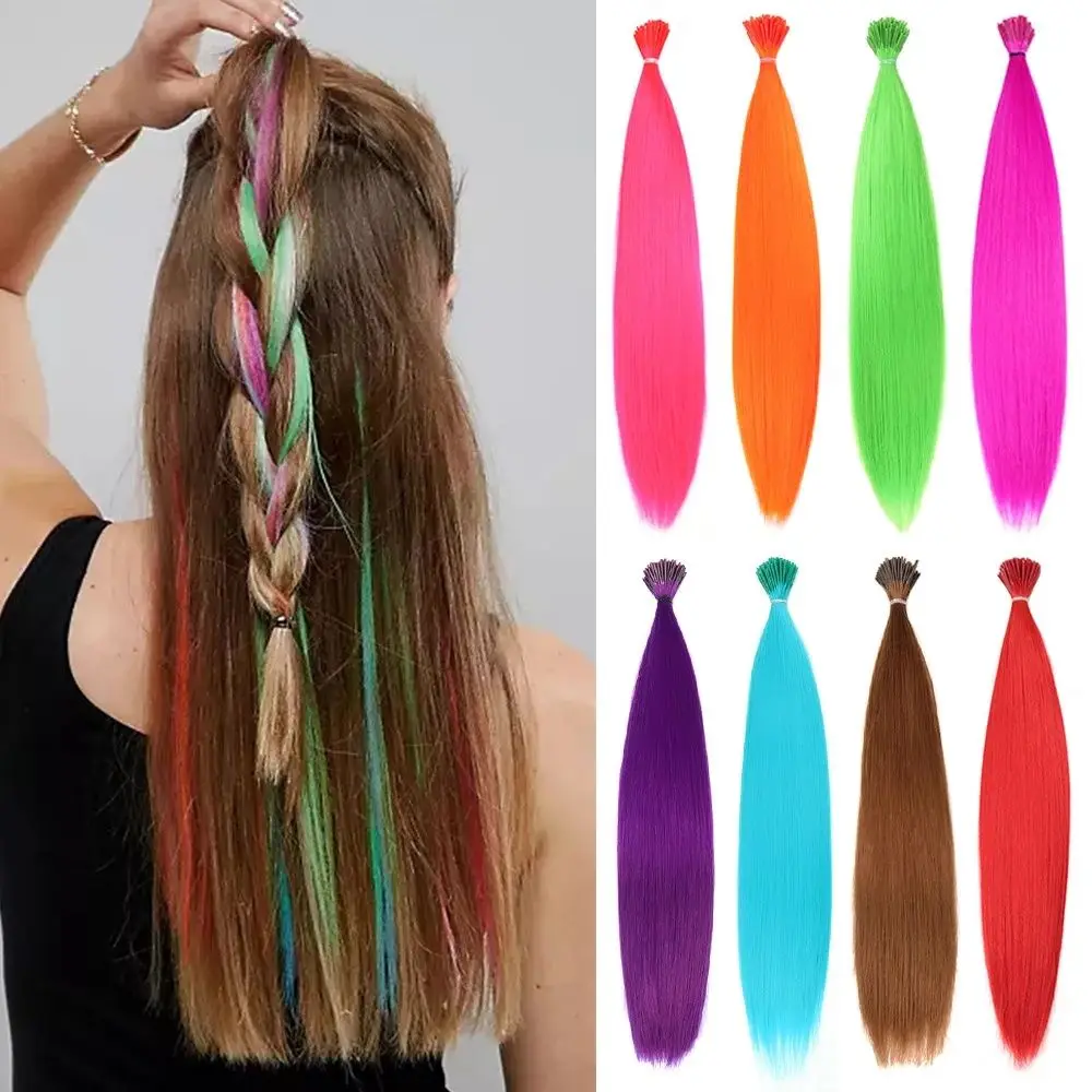 Peluca colorida sin Clips, accesorios para el cabello, extensiones de cabello sintético, postizo de punta en I, 10 unids/lote por paquete