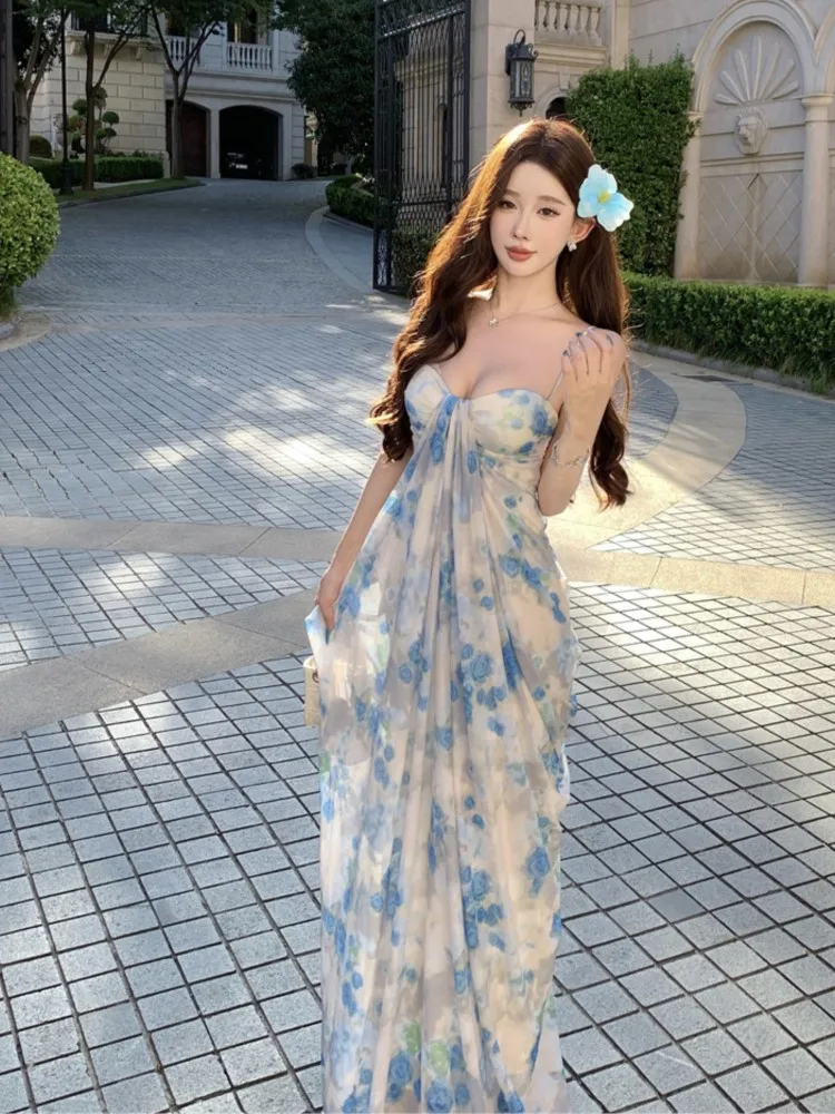 MsChuh Summer Party Dresses For Woman Flower Printed Sleeveless Robe Backless Sexy Elegant Trendy Temperament Comfortable Casual