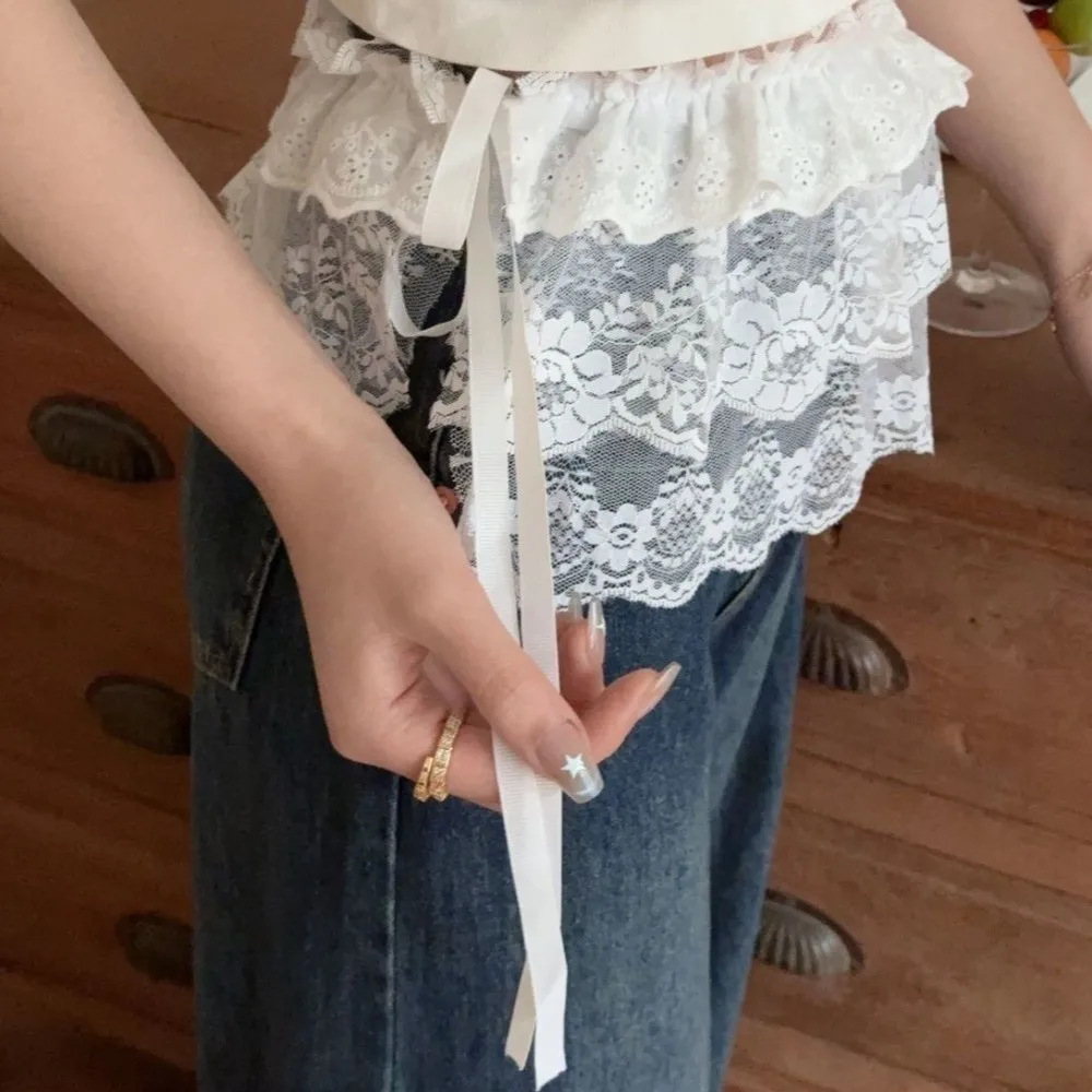 Flowers Lace Layered Lace Skirt Mesh Adjustable Irregular Skirt Decorative Hemline Tie Belt Halfbody Skirt Belt Daily Outfit