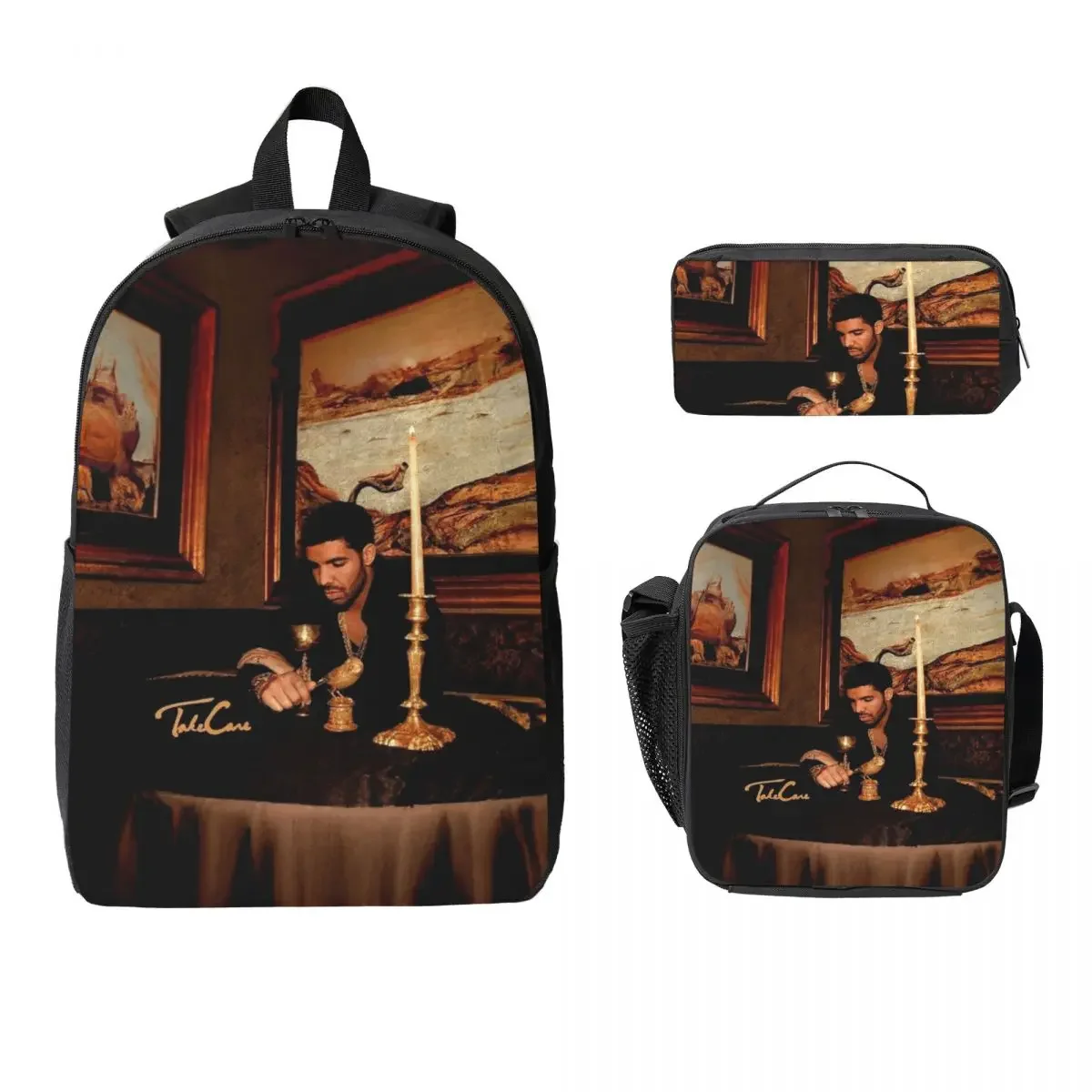 Hip Hop Rapper Drake Take Care Album Backpack BookBag School Bag Computer Shoulder Bags 3ps Insulated Lunch Bag Pencil Case