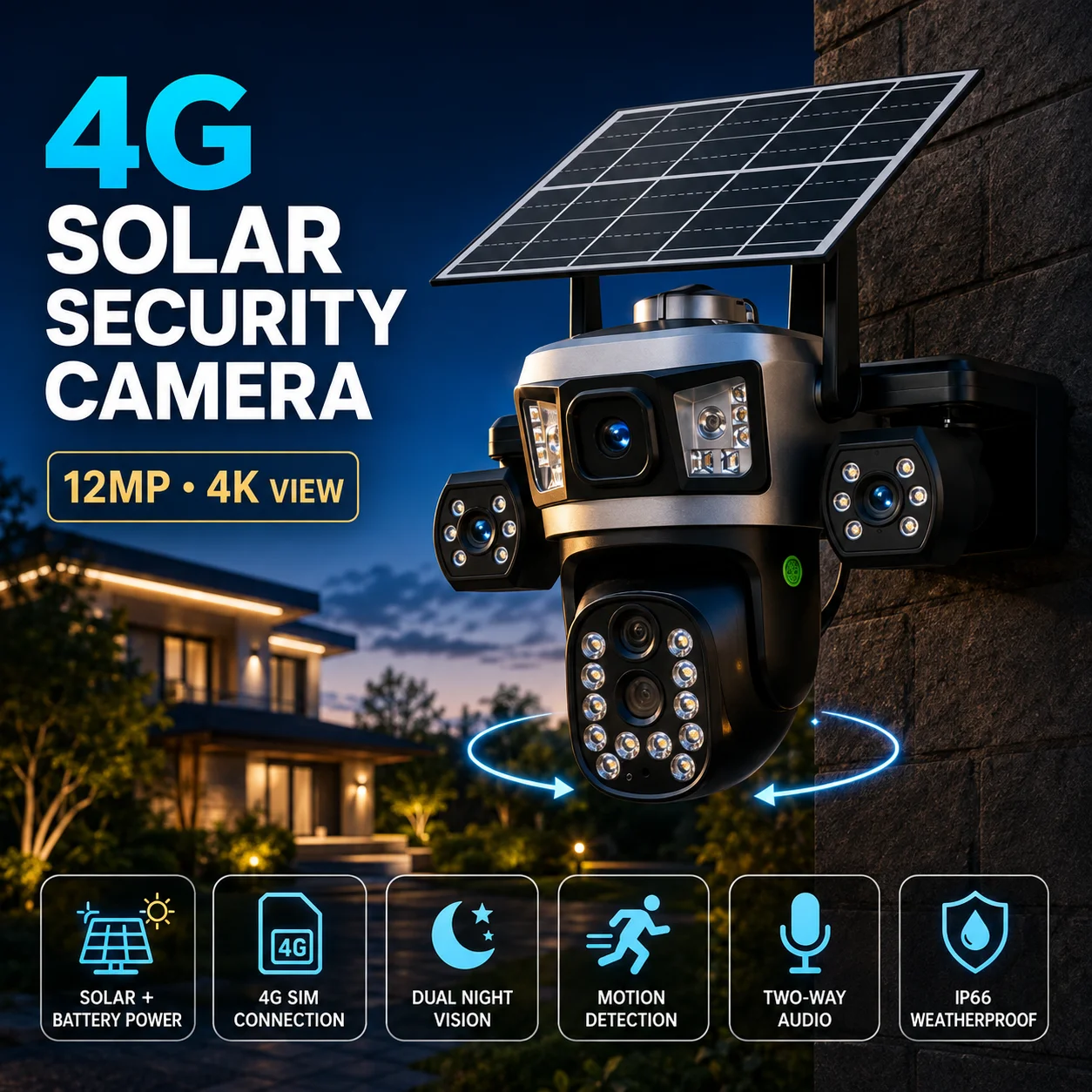 12MP 4G LTE Solar Security Camera Outdoor 10X Optical Zoom AI Human Tracking Night Vision Waterproof Battery CCTV IP Camera