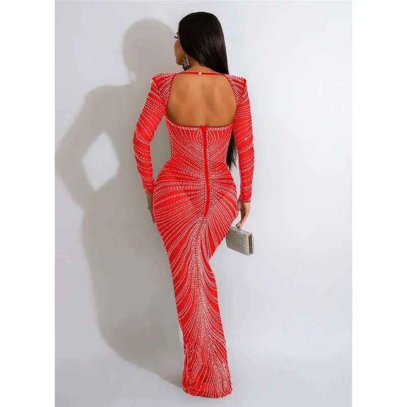 Maxi vestido de fiesta de malla transparente con diamantes para mujer, sin tirantes, Espalda descubierta, manga larga, Bodycon, ropa de Club larga, bata femenina, regalos de cumpleaños