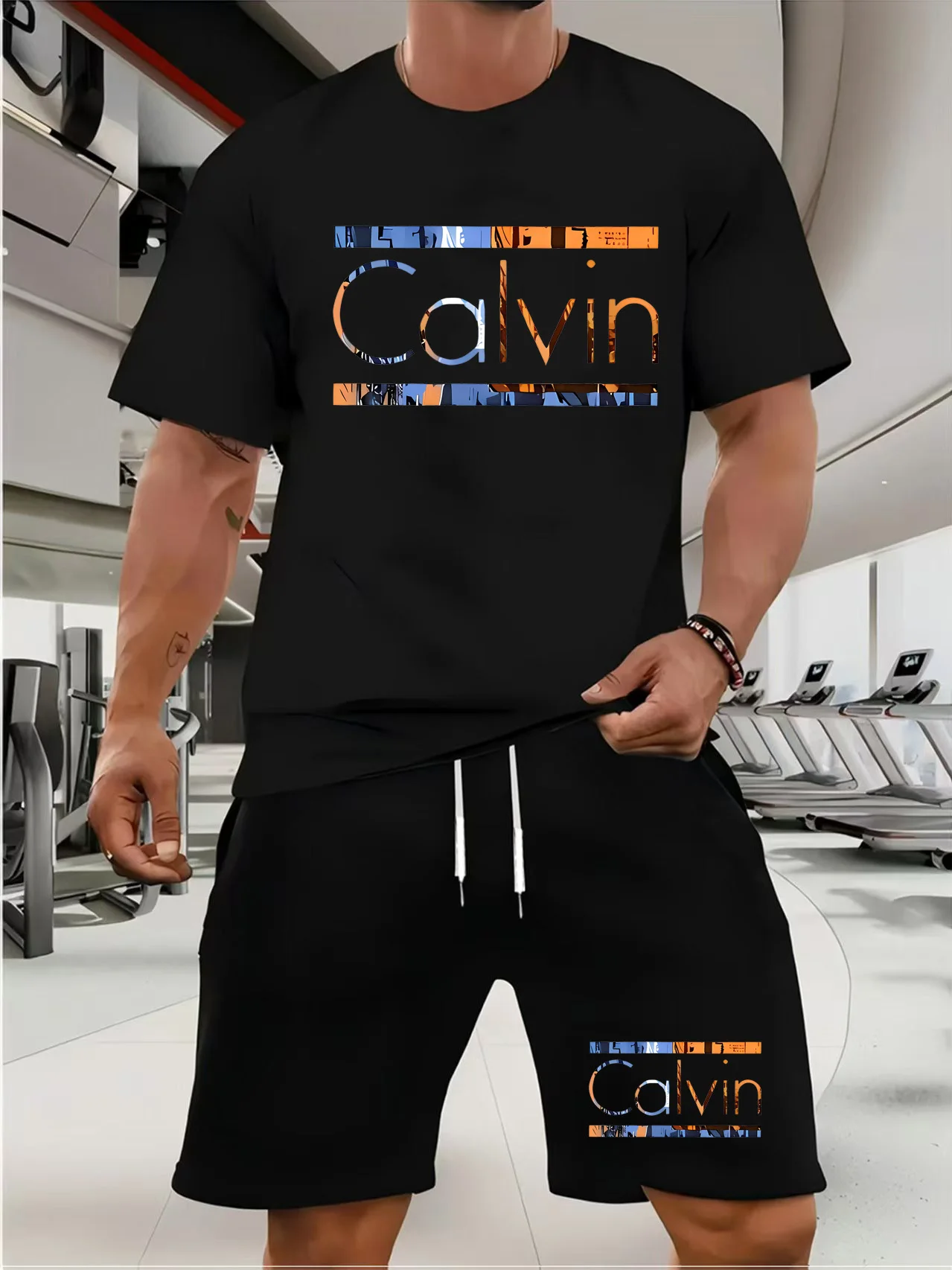 New summer fitness sportswear for men, short-sleeved T-shirt and shorts two-piece set, breathable and quick-drying casual wear.