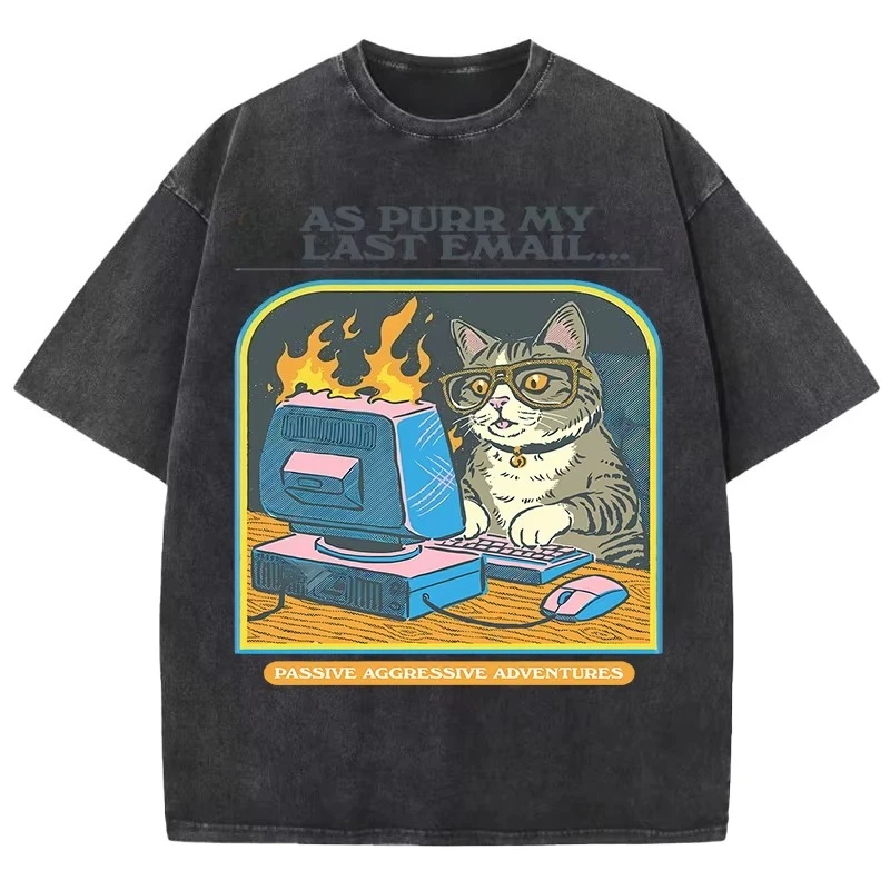 夏に猫のコンピュータゲームをするプリント入りスノーウォッシュTシャツ、女性用、柔らかく通気性のあるコットンTシャツ
