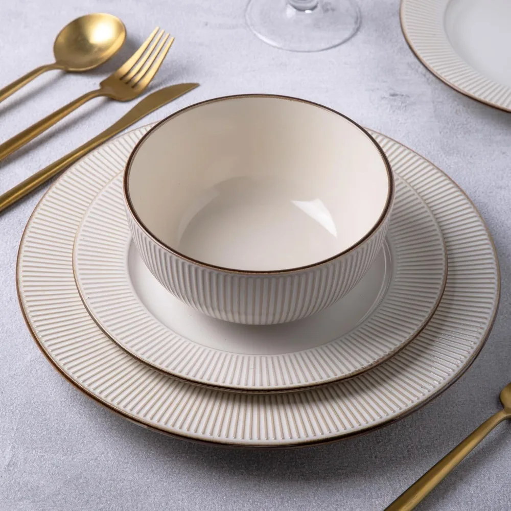 

Ceramic Dinnerware Sets, Embossed Elegant Stoneware Plates and Bowls Sets, Housewarming Wedding Gift | Dishwasher