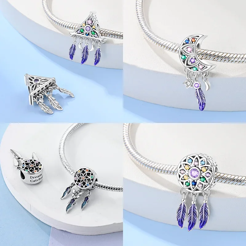 Sterling Silver 925 Zircon Colorful Heart Charms Dreamcatcher Beads Fit Fine Original Bracelet Jewelry Making Gifts for Women