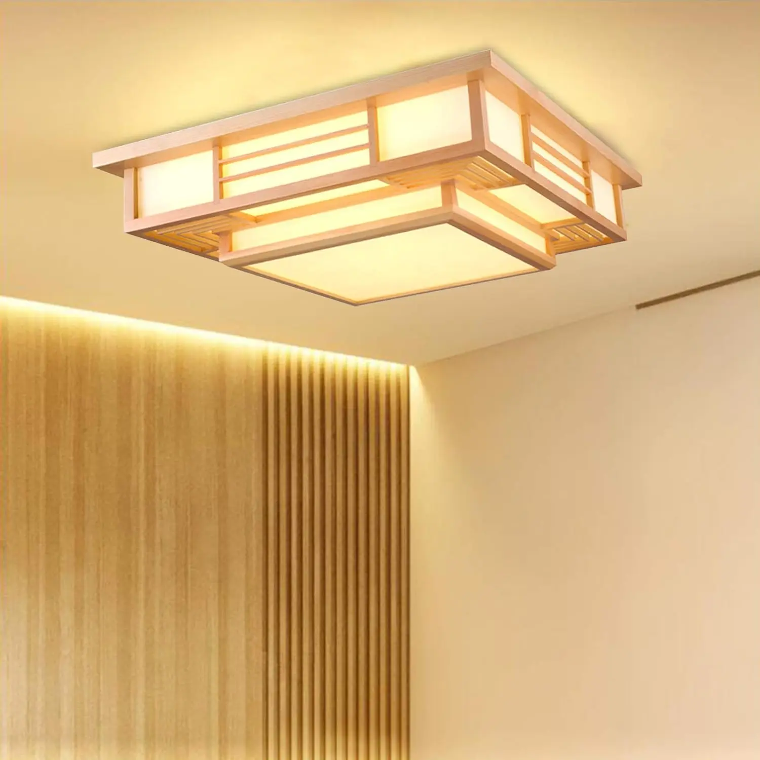 

LED Ceiling Light Remote Dimming Japanese Style Square Ceiling Lamp,Zen Style Close To Ceiling Light for Dining Living Room