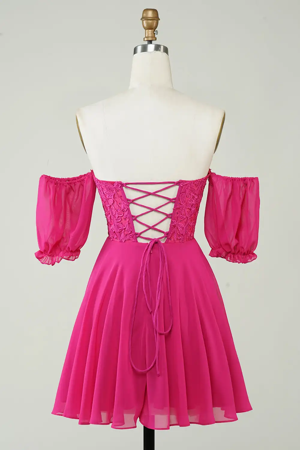 Vestidos de graduación fucsia, Apliques de encaje de cristal, gasa sin hombros, mangas cortas abullonadas, Mini línea A, vestidos de noche formales para fiesta