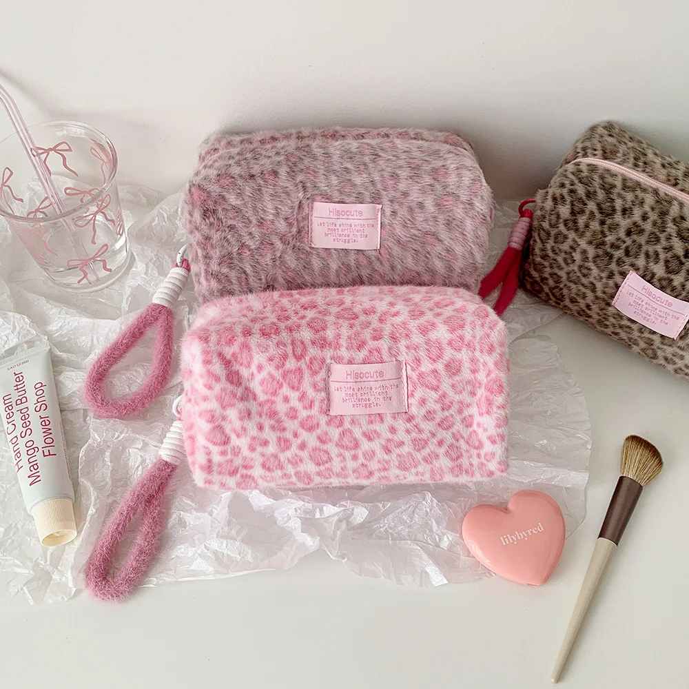 INS Fashion Korean Winter Plush Leopard Pattern Handheld MakeupBag Portable Lipstick Storage Bag Girls Women Student Pencil Case