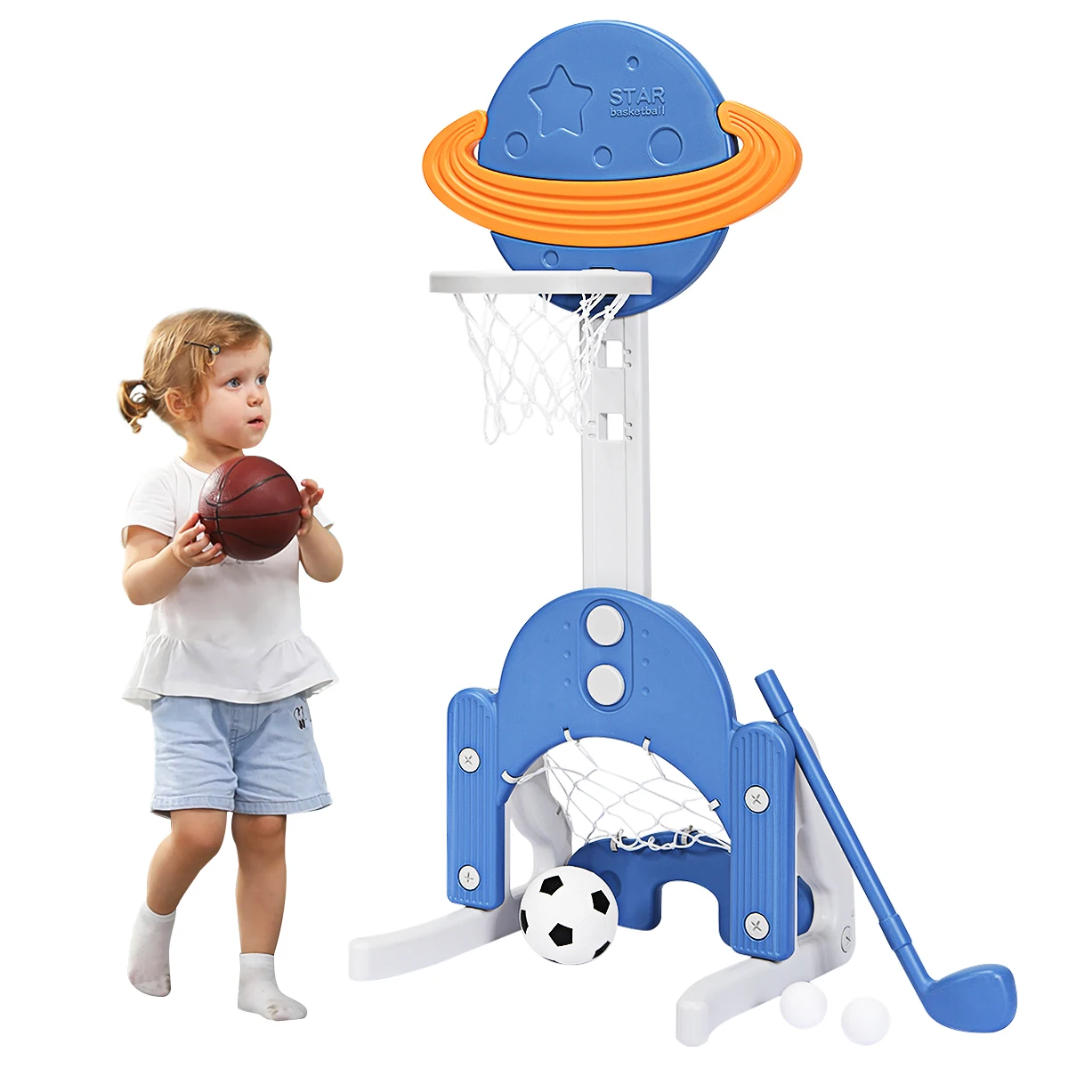 

3 in 1 Kids Basketball Hoop Set Adjustable Sports Activity Center w/ Balls Blue