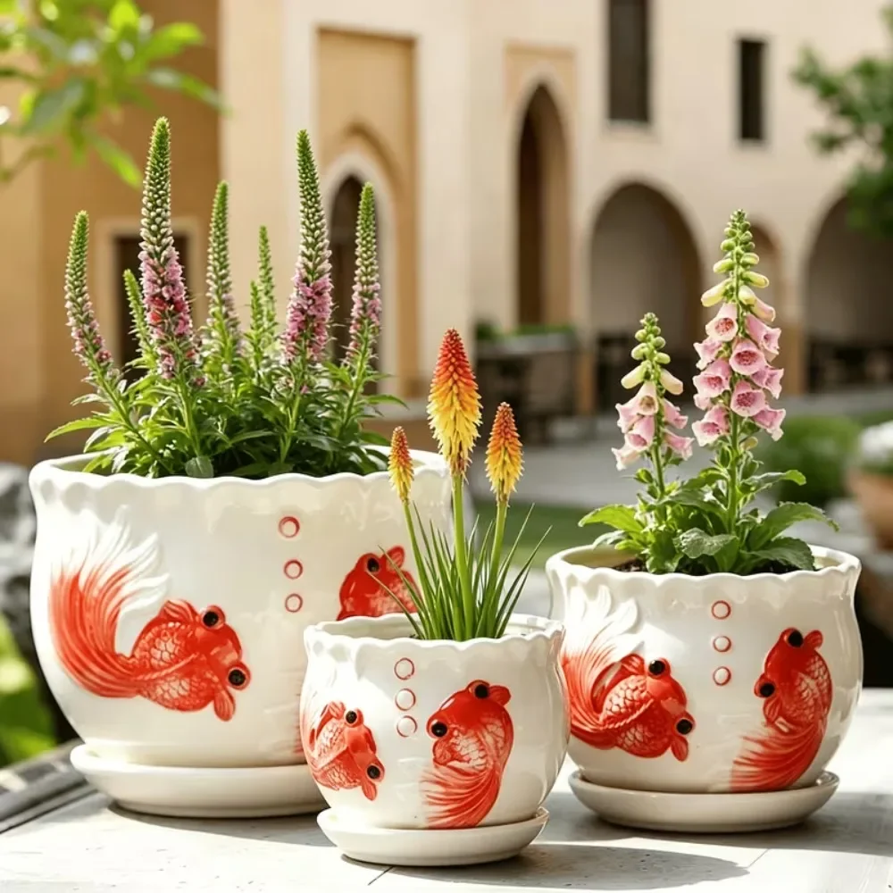 3 PCS Ceramic Plant Pots Indoor Pots Set with Drainage Holes Modern Decorative Pots Outdoor Plants Lilies Cacti Succulents