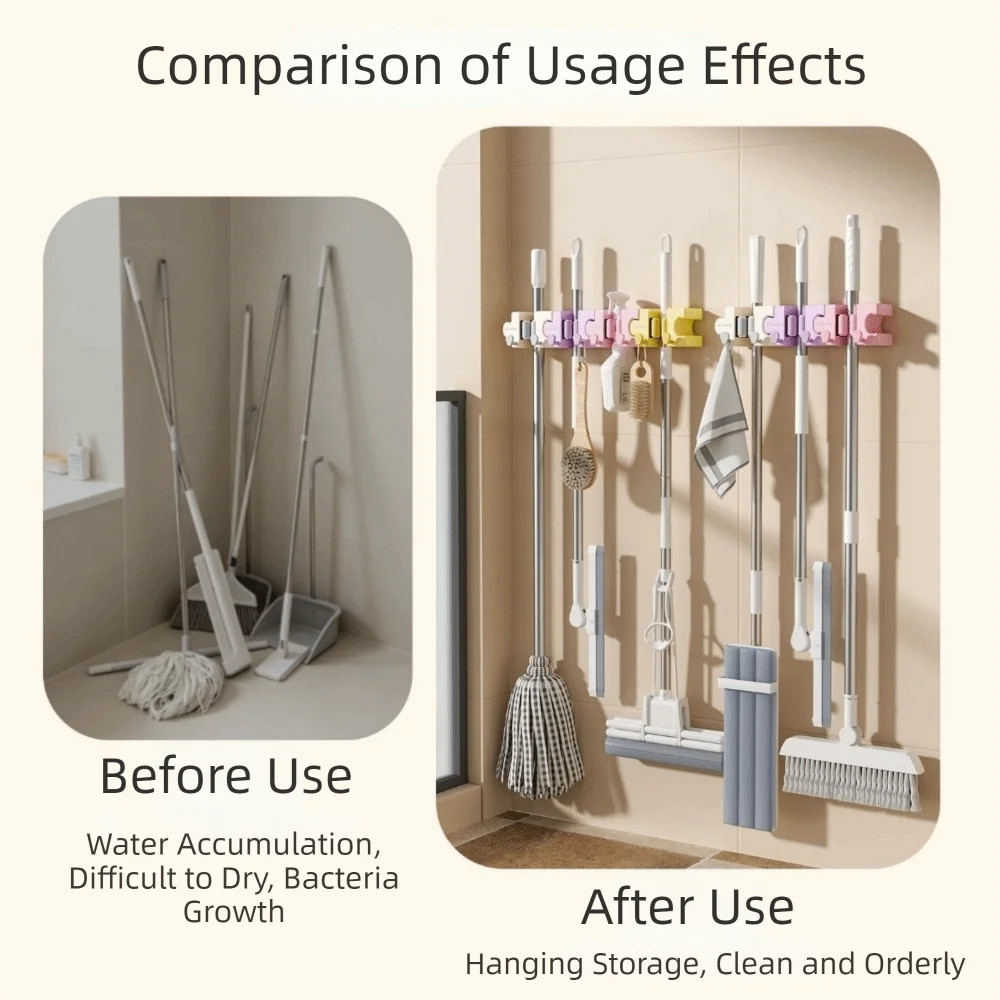 No Drill Puzzle Splicing Mop Broom Holder Self Adhesive Space Saving Macaron Mop Holder with Hooks Wall Mounted Broom Hanger