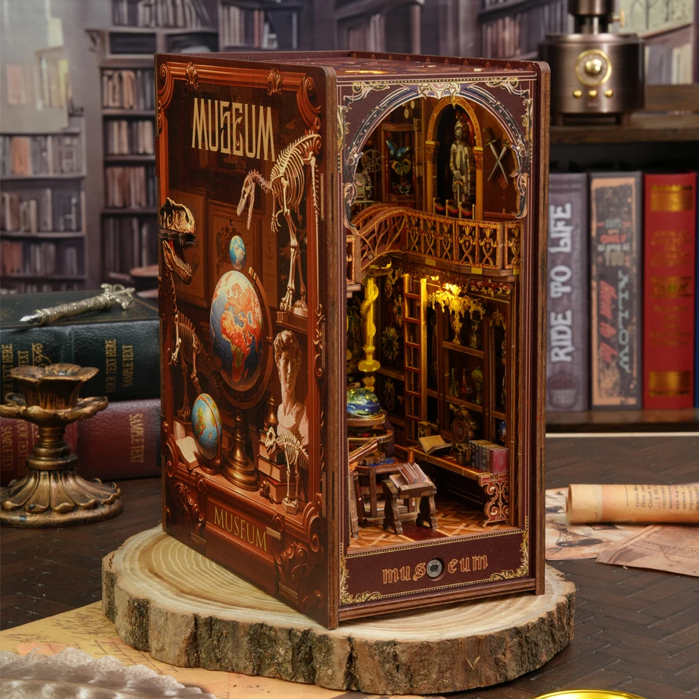 

Retro DIY Wooden Book Nook Figurines Miniatures Kits Century Museum Bookshelf Home Bookend Decoration For Adult Handmade Gifts