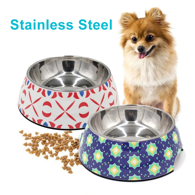 Geometry Print Cat Bowl Dog Food Bowls Stainless Steel Non-slip Notch Design Pet Feeder Feeding Food Water For Dogs Dish Bowls