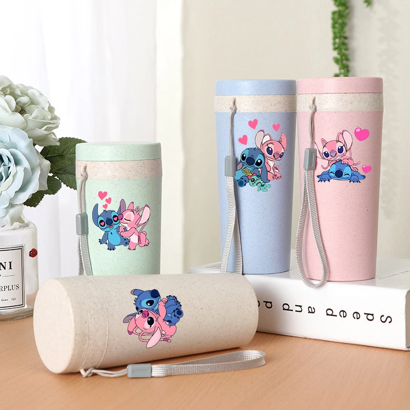 

350ml Stitch Straw Cup Disney Crystal Stickers Mug Boys Girls Cartoon Portable Drinking Mugs Anime Character Water Bottle Kettle