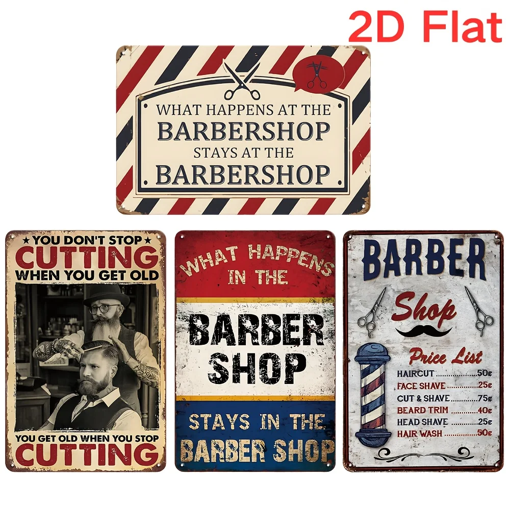 2D Flat 4pcs Vintage Metal Tin Signs - Barber Shop Hairdresser Wall Decor For Home, Bedroom, Bar, Country Garden Bathroom