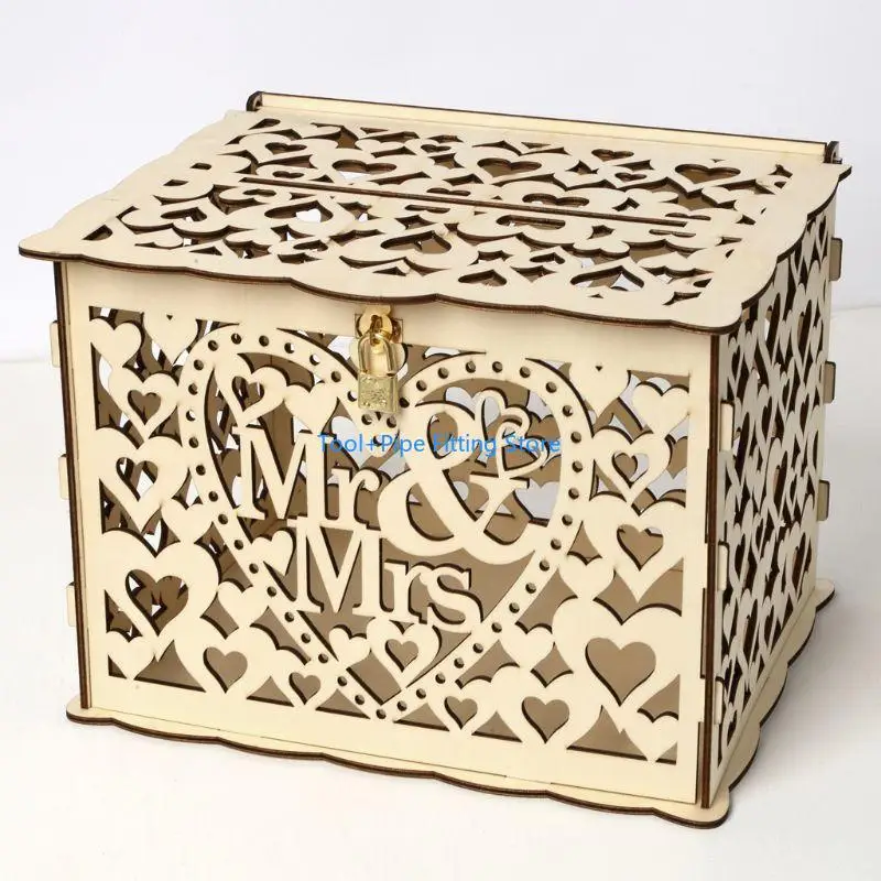 F92B DIY GEED HIME MR & MRS WOODEN CARD MONEY لقضية مع قفل Rustic Beauti