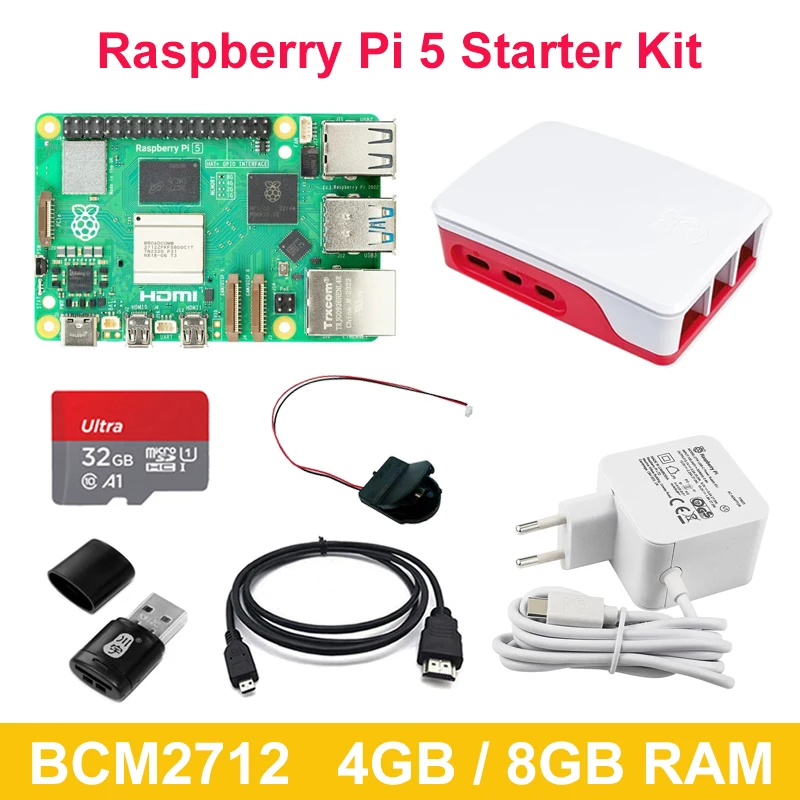 

Оригинальный Raspberry Pi 5, стартовый комплект, 4 ГБ, 8 ГБ ОЗУ, плата с ABS чехол, блок питания, SD-карта, видеокабель для Raspberry Pi 5