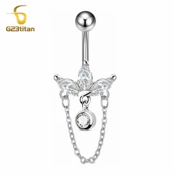 Boho Lotus Flower Belly Ring Dangling Chain CZ 14G Titanium Navel Piercing Jewelry Women Summer Crop Top Accessory Silver Color
